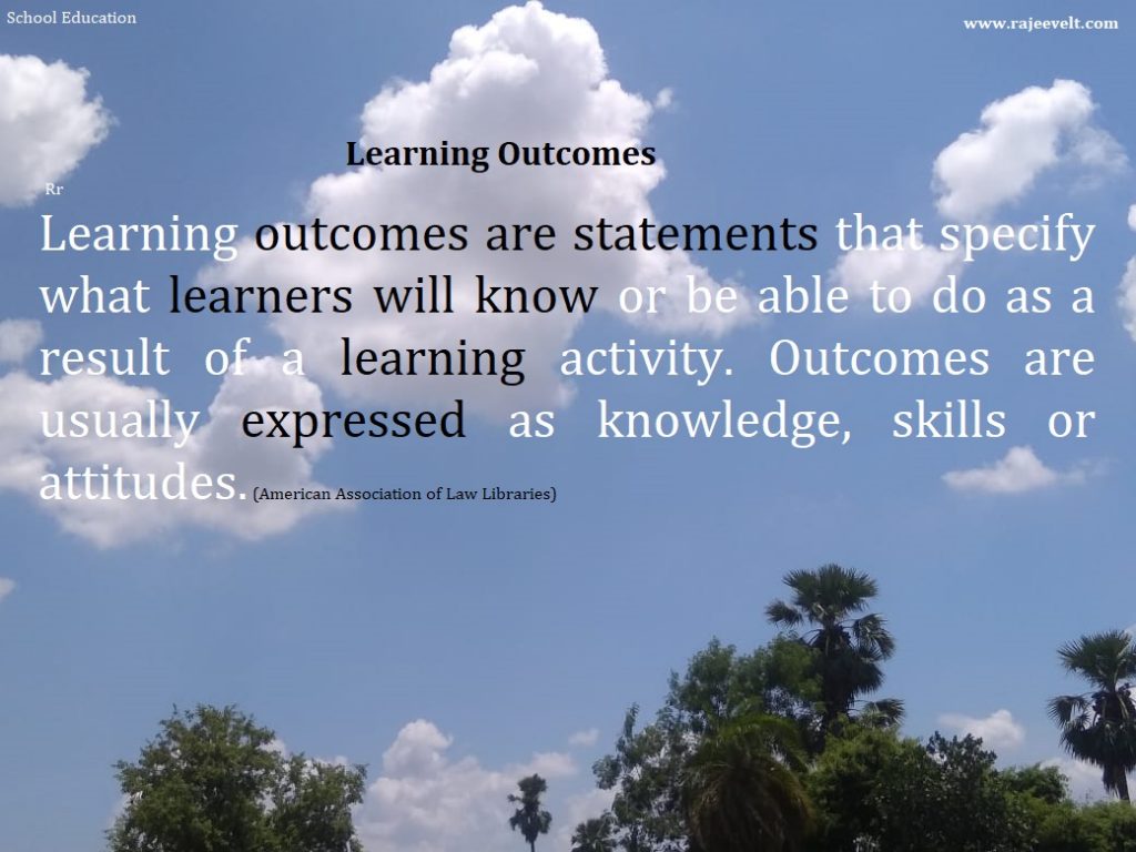 Learning outcomes are statements that specify what learners will know or be able to do as a result of a learning activity. Outcomes are usually expressed as knowledge, skills or attitudes. (American Association of Law Libraries)